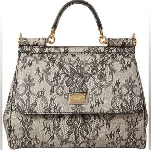 Beautiful Dolce & Gabbana Miss Sicily Medium Gray Black Lace Purse Handbag